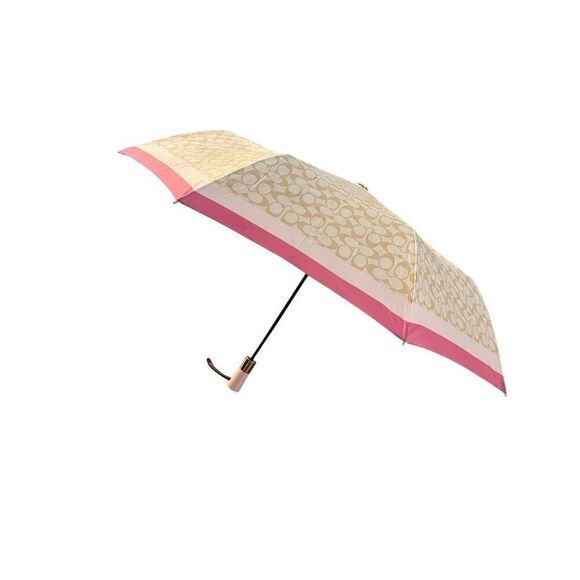 Coach Automatic Signature Monogram Tan Logo Pink Trim UV Umbrella Leather Strap - Picture 1 of 14
